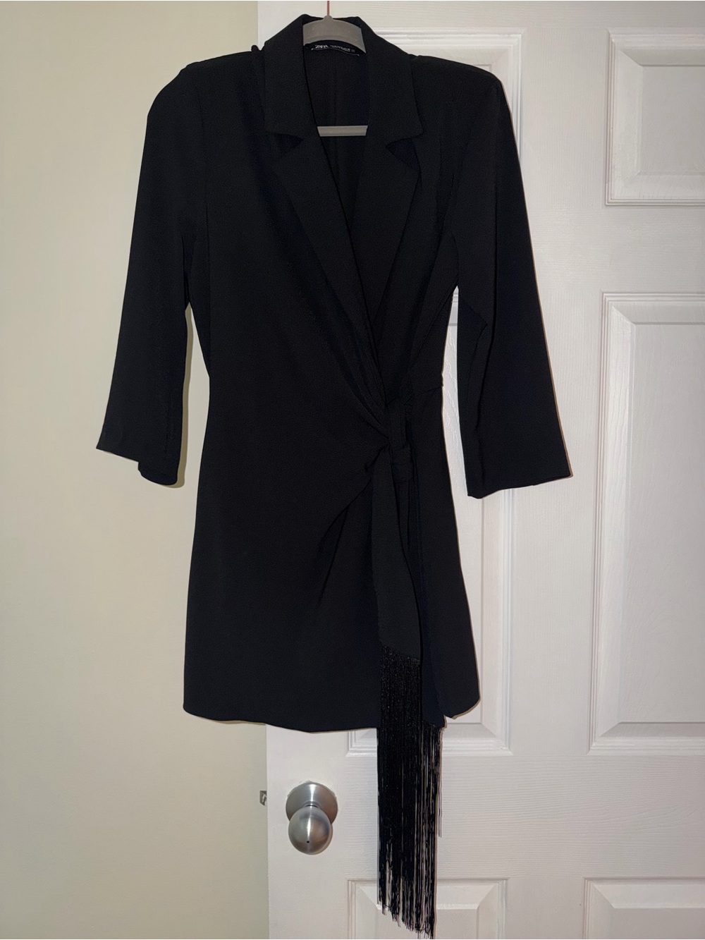 Zara Black Wrap Blazer Dress with Fringe Detail